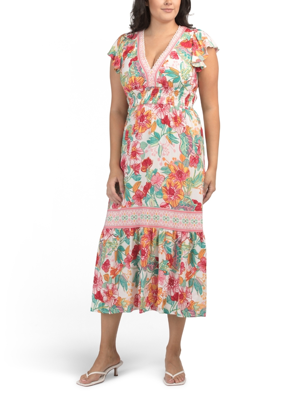 NWT - Adrianna Papell Pink/Green Floral Flutter Sleeve Midi Dress - Size 16